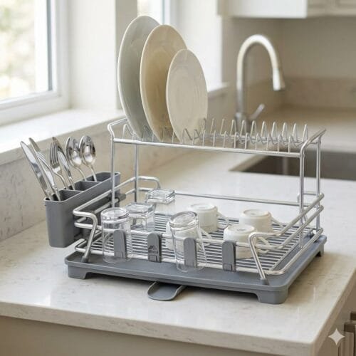 2 Tier Stainless Steel Dish Drying Rack with drain tray and cutlery holder on kitchen counter