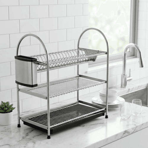 3-tier stainless steel kitchen rack on marble countertop