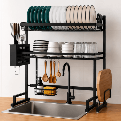 Premium 2-Tier Over Sink Kitchen Dish Drying Rack with Utensil Holder Black
