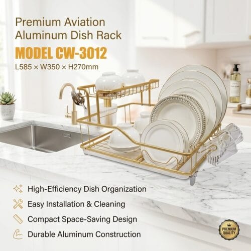 Aviation Aluminum 2-Tier Gold Dish Rack Model CW-3012 holding plates and bowls in a modern kitchen
