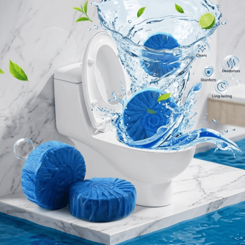4-in-1 blue toilet cleaner tablet dissolving in toilet bowl water splash