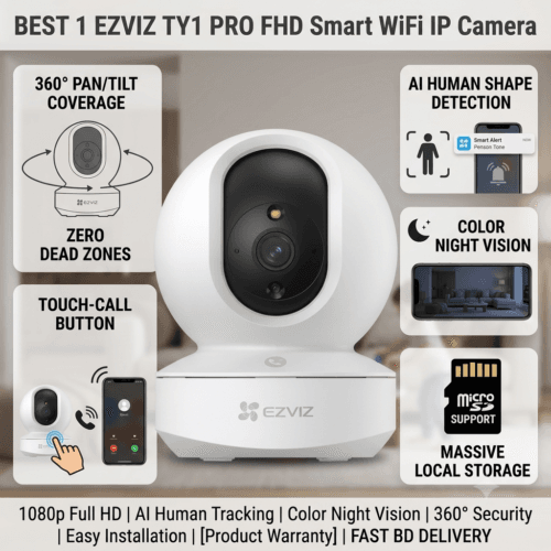 Best EZVIZ TY1 Pro FHD Smart WiFi IP Camera feature image showcasing 360 degree pan tilt, AI human detection, color night vision, touch call button, and massive local storage support.