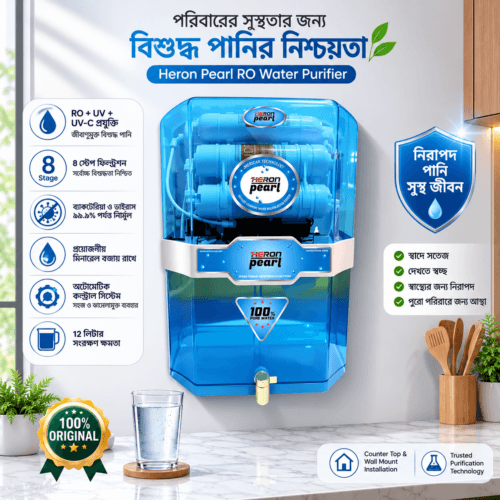 Heron Pearl RO Water Purifier 75 GPD with translucent blue casing and 10 liter storage tank
