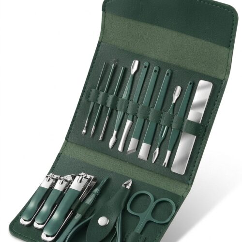 16 Pcs Stainless Steel Manicure Set with Portable Green Leather Case