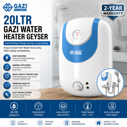 20LTR Gazi Water Heater Geyser with fast heating technology, energy-efficient performance, and 2-year warranty.