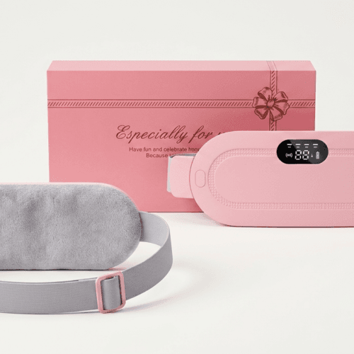 3 in 1 menstrual heating pad with pink front panel, digital LED temp display, plush back lining, and gift box