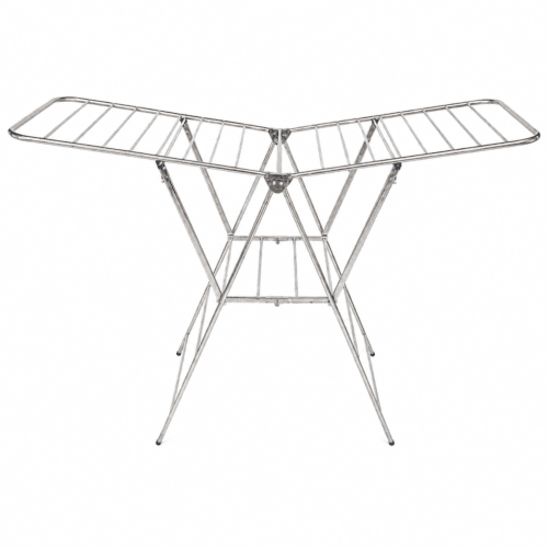 Foldable stainless steel cloth drying stand with expanded wing arms and lower shelf isolated on clean white background