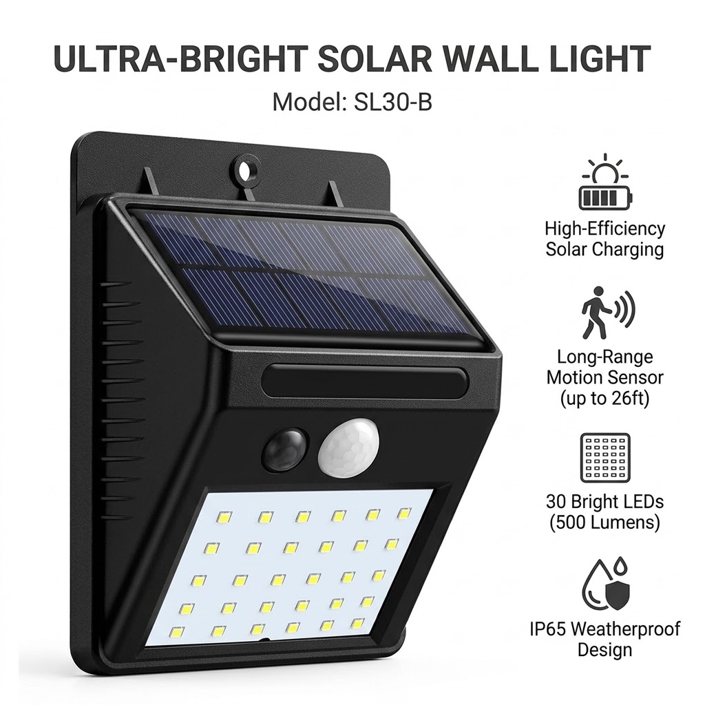 30 LED Solar Motion Sensor Outdoor Wall Light