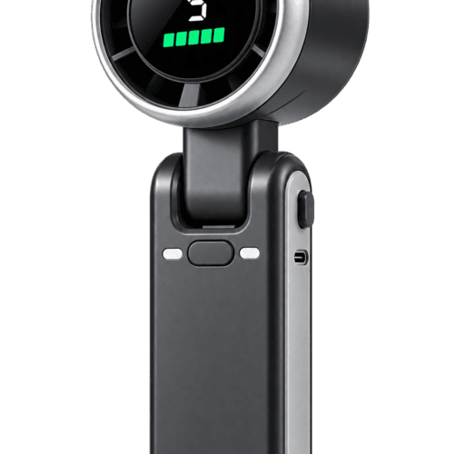 5 speed rechargeable turbo fan in black showing speed level 5 and battery status on digital display