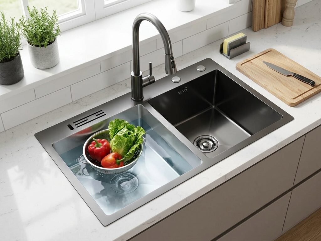 Stainless steel kitchen sink fitted in a kitchen counter