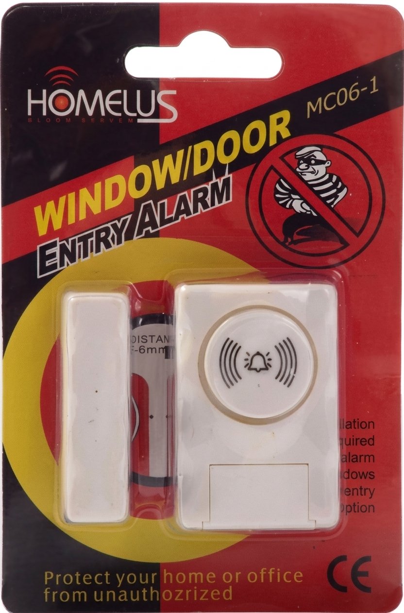 Homelus MC06-1 Window and Door Entry Alarm Packaging and Sensors