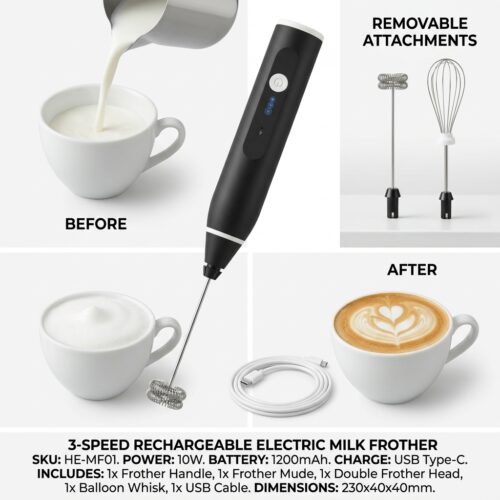 Rechargeable Electric Milk Frother Handheld Mixer with Attachments
