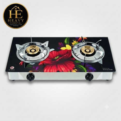 RFL Double Glass Gas Stove Olivia featuring heavy-duty brass double burners and floral tempered glass top design