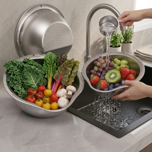 Text: Stainless Steel Rice Washing Bowl & Vegetable Strainer Colander