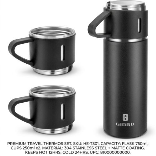 Vacuum Insulated Thermal Flask Set with 3 Cups
