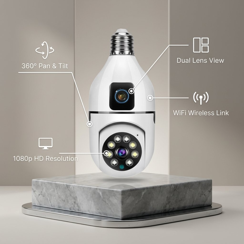 V380 Dual Lens Bulb Camera - 1080p HD Wireless WiFi Security Camera